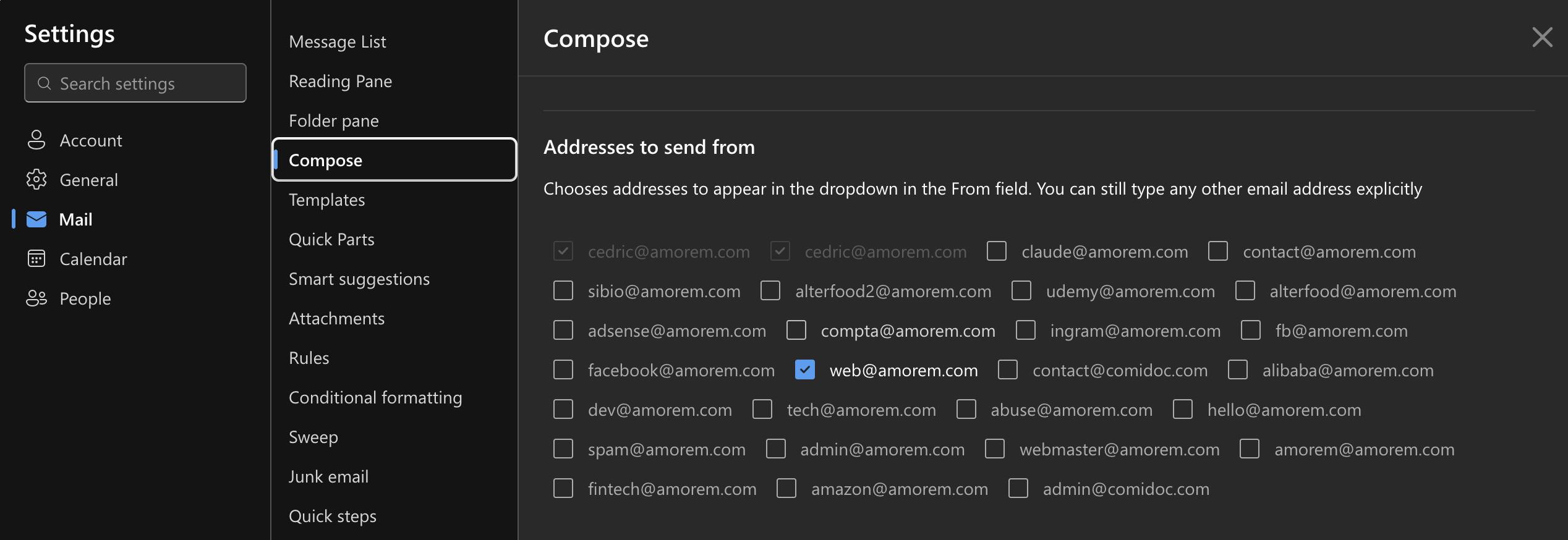 Outlook Web - Addresses to send from with the alias web@amorem.com enabled